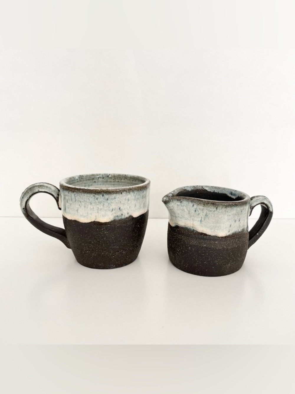 Handmade Studio Pottery Coffee Mug & Creamer Blue Brown Glazed Heavy Rustic